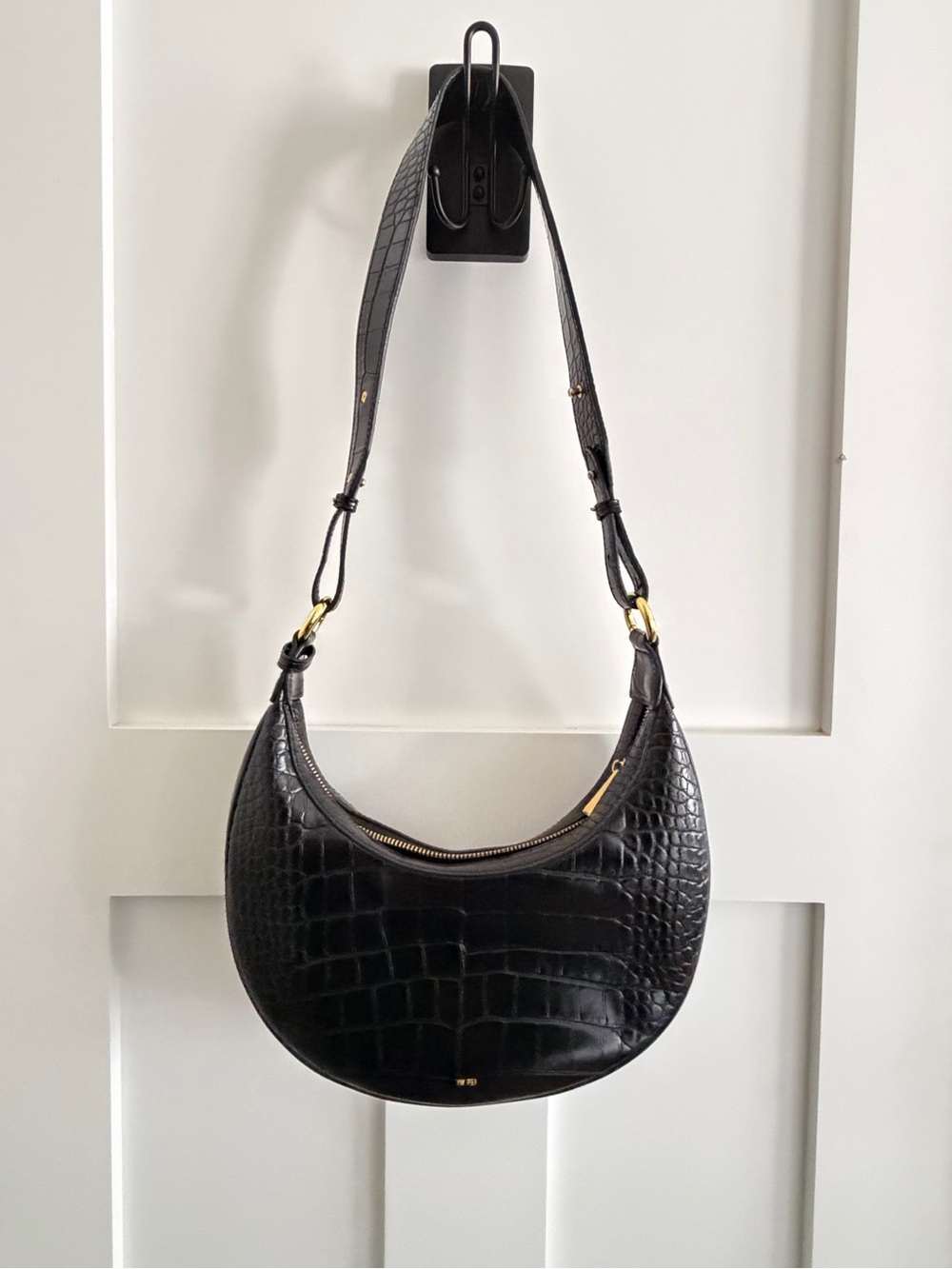 JW PEI Black Croc-Embossed Crescent Crossbody Bag